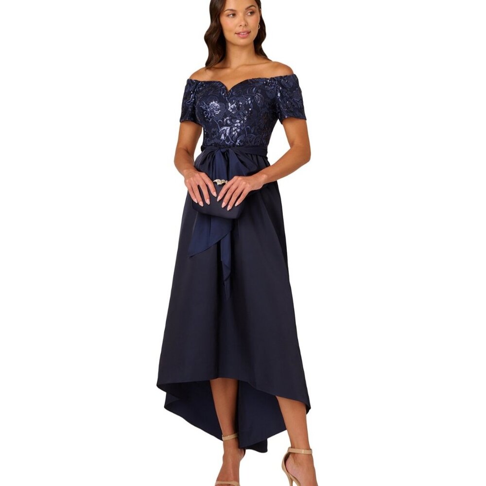 Navy Off-Shoulder High-Low Formal Dress With Sequined Lace Bodice & Bow Tie Wais